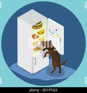 Illustrazione piatta isometrica 3D di animali domestici affamati, curioso animale domestico rubare il pasto dal frigorifero Foto Stock