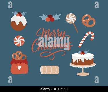 Lettering buon Natale e Capodanno. Clip art decorativa per le vacanze invernali disegnata a mano. Dolci natalizi, torte, dolci, caramelle e biscotti. Illustrazione piatta isolata su sfondo blu scuro Illustrazione Vettoriale