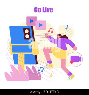 Illustrazione vettoriale di una donna che interagisce energicamente con varie icone multimediali come note musicali e simboli video. La scena incarna creatività e connessione nei media digitali. Illustrazione Vettoriale