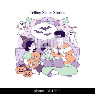 I bambini vestiti con costumi si godono una sessione di narrazione di Halloween. L'illustrazione mostra le loro emozioni accattivanti mentre ascoltano racconti spaventosi, circondati da decorazioni festose. Illustrazione Vettoriale