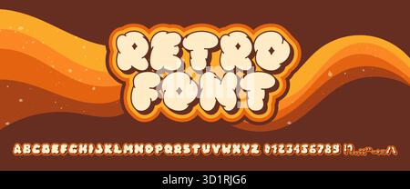 Carattere retrò Groovy 70-s. Alfabeto con lettere, numeri e sospiri e ombre volumetriche. Illustrazione Vettoriale