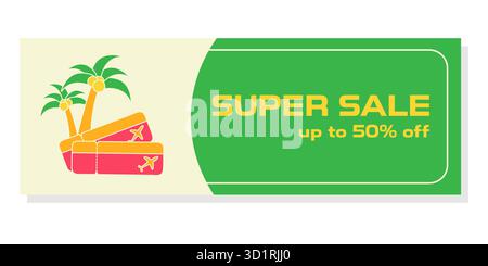 Questa promozione di viaggio include due biglietti, palme e uno sconto fino al 50%. Un volantino per le agenzie di viaggio e i tour operator offre offerte per le vacanze. Illustrazione Vettoriale
