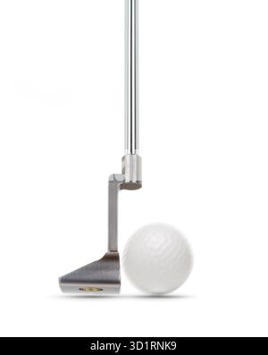 Punta del Golf Club Putter con pallina da golf isolata su sfondo bianco Foto Stock