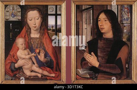 MEMLING, Hans (B. ca. 1440, Seligenstadt, d. 1494, Bruges) Diptych of Maarten Nieuwenhove 1487 olio su pannello di quercia, 52 x 41,5 cm (ciascuno) Memlingmuseum, Sint-Janshospitaal, Bruges il pannello sinistro mostra la Vergine e il bambino, mentre a destra è il ritratto del donatore Maarten van Nieuwenhove, un nobile di Bruges. Questo lavoro risale allo stesso anno del trittico di Benedetto Portinari ed è strettamente correlato ad esso in termini di stile e tipologia. Con l'eccezione dell'esempio di Chicago, è l'unico dittico ritratto a sopravvivere intatto. Nella Vergine dell'ala sinistra, le caratteristiche della Vergine Foto Stock