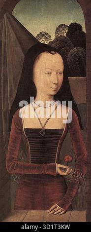 MEMLING, Hans (nato ca. 1440, Seligenstadt, d. 1494, Bruges) Diptych with the Allegory of True Love 1485-90 Oil on Oak panel, 43 x 18 (ciascuno) Metropolitan Museum of Art, New York e Museum Boijmans Van Beuningen, Rotterdam il pannello sinistro si trova a New york, il pannello destro a Rotterdam. Molti commentatori trovarono difficile accettare che questi due pannelli fossero in realtà pezzi di accompagnamento fino a quando non fu proposta una spiegazione plausibile per questa doppia opera allegorica. Era tuttavia evidente che appartenevano insieme in un modo o nell'altro a causa delle dimensioni e degli ambienti architettonici corrispondenti. Il va Foto Stock