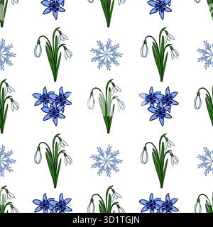 Motivo vettoriale senza cuciture con delicate gocce di neve e vivaci fiori di scilla blu e fiocchi di neve blu stilizzati su uno sfondo bianco pulito, e. Illustrazione Vettoriale