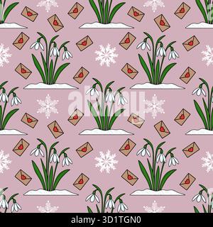 Motivo vettoriale senza cuciture con gocce di neve che emergono dalla neve, accompagnate da buste con cuori rossi e delicati fiocchi di neve su un morbido sfondo rosa Illustrazione Vettoriale