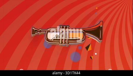 Mostra tromba in ottone su sfondo grafico rosso con cerchi blu e triangoli gialli neri Foto Stock