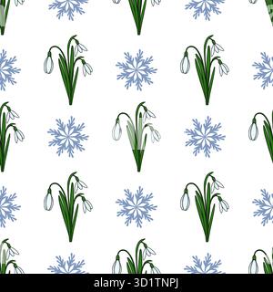 Motivo vettoriale senza cuciture di delicati fiori snowdrop intervallati da fiocchi di neve blu stilizzati, che evocano un delicato passaggio dall'inverno alla primavera. Illustrazione Vettoriale