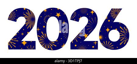 Numero 2026 su sfondo trasparente, logo dei fuochi d'artificio di Capodanno 2026 isolato, design 2026 per biglietto d'auguri, striscione, invito Illustrazione Vettoriale