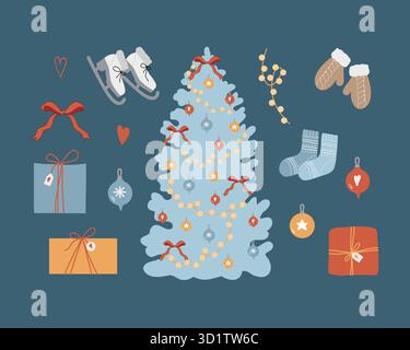 Albero di Natale e Capodanno attributi. Clip art decorativa per le vacanze invernali disegnata a mano. Regali, decorazioni per alberi di Natale, alberi, pattini, guantoni, calzini, e garland. Illustrazione piatta isolata su sfondo blu scuro Illustrazione Vettoriale