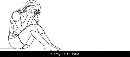 disegno continuo di una ragazza triste e dolorosa, adolescente o giovane donna seduta sul pavimento che copre il viso con le mani, illustrazione vettoriale di line art Illustrazione Vettoriale