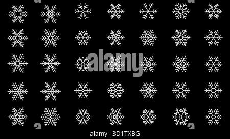 Griglia di 35 esclusivi disegni bianchi con fiocco di neve su sfondo nero che mostrano motivi geometrici invernali Illustrazione Vettoriale