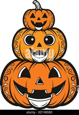 Pagina di colorazione della pila di zucche di Halloween per bambini e adulti, illustrazione vettoriale di halloween Illustrazione Vettoriale