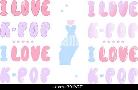 Scritta pop K con il simbolo dell'onda hallyu mano e gesto cardiaco. Elementi isolati di citazione del progetto. Illustrazione Vettoriale