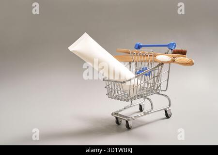 Set di spazzolino ecologico su sfondo grigio. Colore diverso al carrello Foto Stock