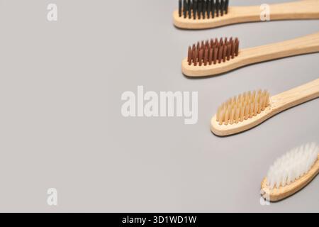 Set di spazzolino ecologico su sfondo grigio. Colore diverso. Foto Stock