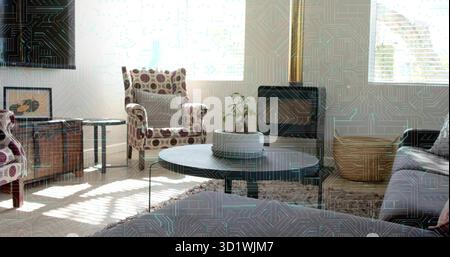 Dispone di tavolino da caffè rotondo con ciotola in ceramica e pianta in vaso nel soggiorno, piano cottura a legna Foto Stock