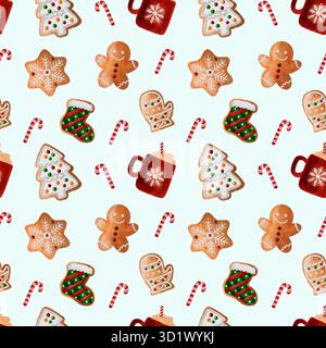 Motivo ad acquerello natalizio senza cuciture. Tradizionale pan di zenzero natalizio, caramelle e piante invernali. Carino giornale digitale natalizio, sublimazione, texti Foto Stock