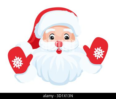 Simpatico Babbo Natale con barba bianca, guanti rossi e fiocchi di neve su sfondo bianco. Buon Natale illustrazione di carattere per il design delle feste Illustrazione Vettoriale