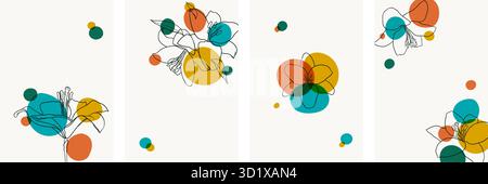 Set di creativi disegni a mano minimalisti contorno floreale giglio cerchio luminoso forma semplice colore vintage. design per decorazione murale, cartolina Illustrazione Vettoriale