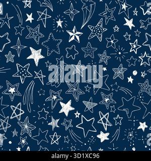 Motivo Vector per bambini con stelle a forma di doodle. Sfondo vettoriale senza cuciture, nero, grigio, bianco, stile scandinavo Illustrazione Vettoriale