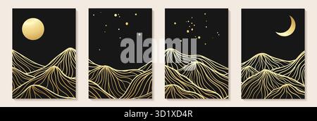 Arte astratta, nero di montagna e sfondo grafico in stile moderno d'arte in linea dorata. Sfondo geometrico astratto. paesaggio artistico in linea Illustrazione Vettoriale