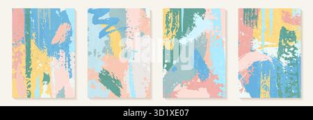 Sfondo artistico astratto macchie circolari acquerelli, tratto pennello acquerello. Illustrazione di colore blu, rosa, verde, acquerello con trama beige Illustrazione Vettoriale