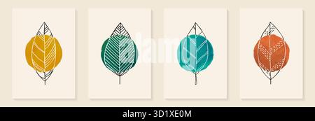 Disegno a mano minimalista creativo sfondo artistico astratto. Illustrazioni estetiche moderne. foglie lineari in stile doodle Illustrazione Vettoriale