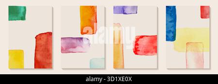 Sfondo artistico astratto macchie circolari acquerelli, tratto pennello acquerello. Illustrazione di colore blu, rosa, verde, acquerello con trama beige Illustrazione Vettoriale