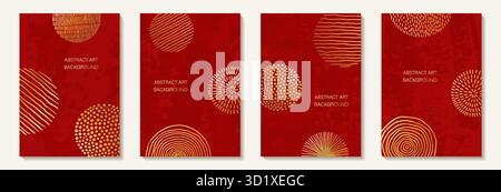 Poster di Capodanno Chines. sfondo rosso con cerchio di scarabocchi dorato. crea un biglietto di auguri per le feste felici e invita i chines buon anno Illustrazione Vettoriale