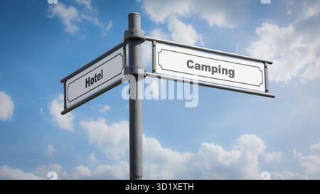 Segui le indicazioni per il Camping Versus Hotel - Bildmontage Foto Stock