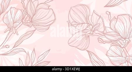 Sfondo floreale rosa astratto. disegna a mano il contorno dei fiori schizzo di magnolia con foglie e pennello. Sfondo vettoriale per la decorazione delle pareti Illustrazione Vettoriale
