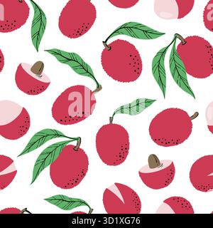 Motivo senza cuciture con litchi rosa e fette. Motivo litchi disegnato a mano su sfondo bianco. per tessuti, etichette da disegno, stampe, carta da parati di bambini Illustrazione Vettoriale