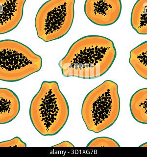 Motivo tropicale senza cuciture con fette di papaya gialle. Motivo di mezza papaia disegnato a mano su sfondo bianco. per tessuti, etichette per disegni, stampe e sfondi Illustrazione Vettoriale