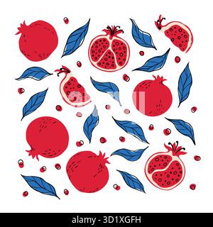 Set di melograni rossi, mezze melograni e foglie blu. Melograni disegnati a mano e foglie isolate su sfondo bianco. Tessuto, etichette da disegno Illustrazione Vettoriale