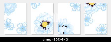 Set di inviti per matrimoni di lusso con fiori azzurri. Design biglietto di auguri per matrimonio, compleanno, San Valentino, festa della mamma, anniversario Illustrazione Vettoriale