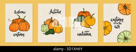 zucca disegnata a mano in stile cartoni animati con testo ciao autunno. Carino poster d'autunno. disegna il biglietto d'auguri e l'invito alle vacanze autunnali Illustrazione Vettoriale