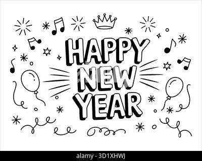 Tipografia 3D Happy New Year disegnata a mano con palloni e musica Illustrazione Vettoriale