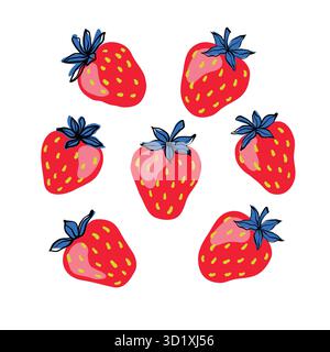 Set di fragole rosse con foglie blu. Fragole disegnate a mano isolate su sfondo bianco. per tessuti, etichette per disegni, stampe e sfondi Illustrazione Vettoriale