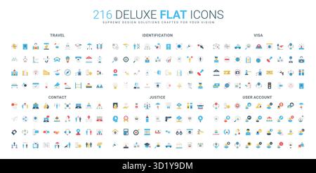 Set completo di icone piatte che copre viaggio, identificazione, visto, contatto, giustizia, e temi degli account utente, progettati per le moderne interfacce digitali, illustrazioni vettoriali isolate Illustrazione Vettoriale