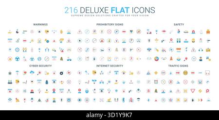 Set completo di icone piatte che coprono avvertenze, cartelli proibitivi, sicurezza, sicurezza informatica, sicurezza Internet, e i segnali stradali per la stampa e il digitale utilizzano un'illustrazione vettoriale isolata Illustrazione Vettoriale