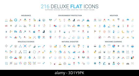 Flat Icon Set copre assicurazione, protezione dell'ambiente, condizioni meteorologiche, scienza molecolare, calamità naturali, argomenti di apprendimento automatico, design moderno, concetti diversi, illustrazione vettoriale isolata Illustrazione Vettoriale