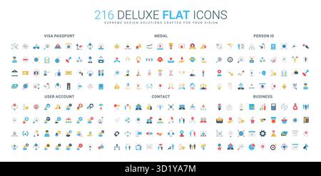 Set completo di icone in stile piatto che coprono visti, passaporto, medaglie, identificazione personale, account utente, dettagli di contatto e illustrazione vettoriale isolata dei concetti aziendali Illustrazione Vettoriale