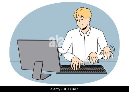 Uomo d'affari che lavora al computer con numerose mani essendo veloce e produttivo al lavoro. Dipendente di sesso maschile che digita al computer portatile ad alta velocità. Produttività e. Foto Stock