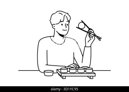 Un uomo sorridente si siede al tavolo del ristorante e mangia sushi con bacchette. Happy Guy gustatevi il tradizionale cibo Asiatico nella caffetteria o nel bar. Illustrazione vettoriale. Foto Stock