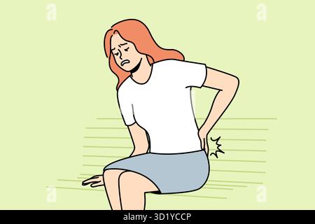 Malata giovane donna seduta sulla panchina lotta con mal di schiena. Donne malsane alzarsi soffrono di mal di schiena o reumatismi. Illustrazione vettoriale. Foto Stock