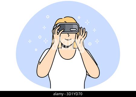 Donna sorridente in occhiali VR esplorare nuovi orizzonti. Le cuffie per la realtà virtuale di Happy Girl sono dotate di tecnologia moderna. Illustrazione vettoriale. Foto Stock