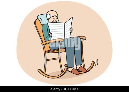 L'uomo anziano siede in sedia a dondolo che legge il giornale. Vecchio nonno dai capelli grigi rilassarsi in poltrona godere di stampa. Felice calma maturità. Rapporto di illustrazione del vettore Foto Stock