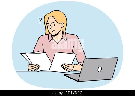 Donna frustrato che lavora con la documentazione occupata al laptop. Le donne confuse considerano i documenti sul luogo di lavoro. Illustrazione vettoriale. Foto Stock